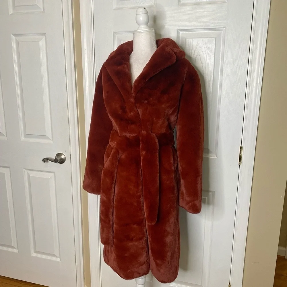 Allen Schwartz Greta Faux Fur Coat Red Size Small NWT - Picture 7 of 16